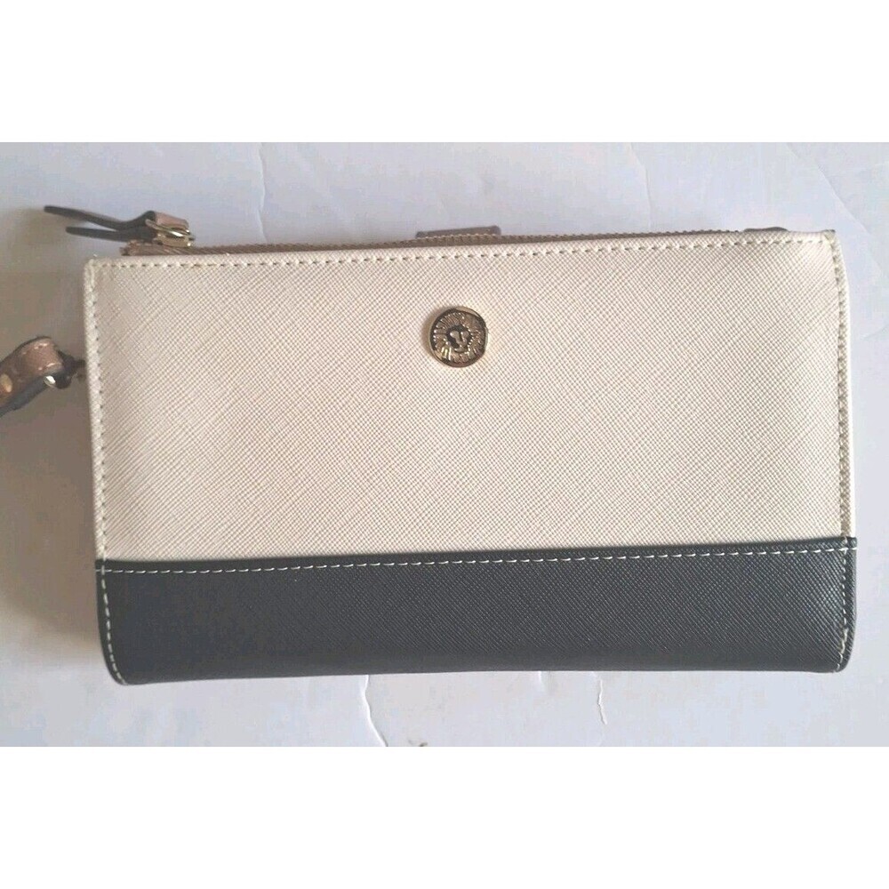Anne Klein Leather Wristlet Wallet Colorblock Inner Pockets Beige Black New